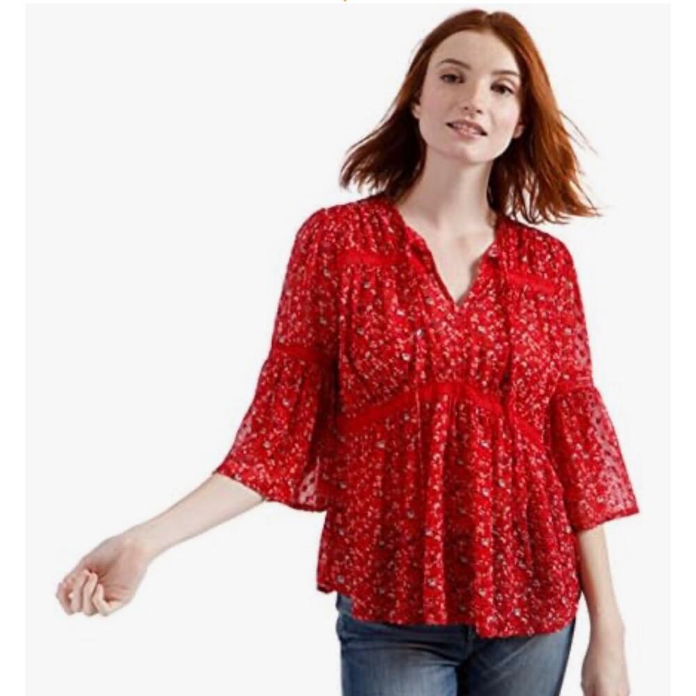 Lucky Brand Swiss Dot Ditsy Boho‎ V-Neck Flare Sleeve Top Red Medium